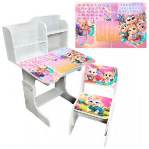 Комплект школьной мебели: парта с полкой, пенал и стул – яркий рисунок "Котята", ЛДСП, белая ПШ058