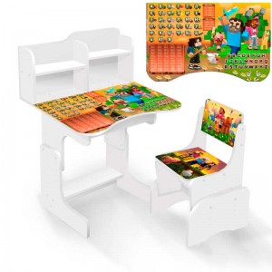 Комплект шкільних меблів: парта з полицею, пенал та стілець – яскравий малюнок "Білочний світ", ЛДСП, біла ПШ062