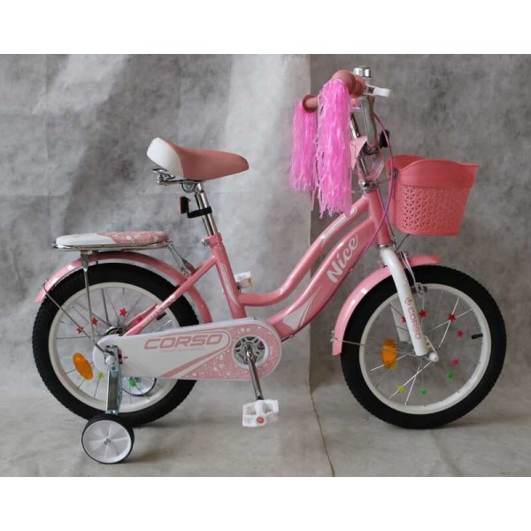 Велосипед для дівчинки від 5 років, з корзинкою, CORSO Nice NC-16907 16 дюймів рожевий