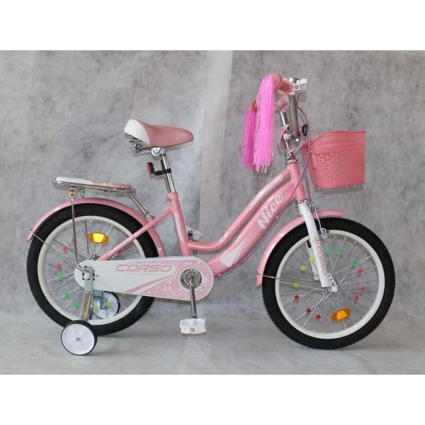 Велосипед для дівчинки 6-8 років, з корзинкою, CORSO Nice NC-18005 18 дюймів рожевий