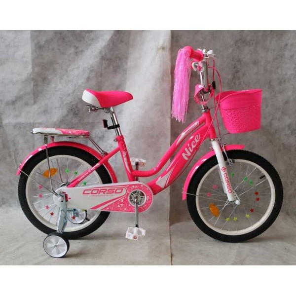 Велосипед для дівчинки 6-8 років, з корзинкою, CORSO Nice NC-18600 18 дюймів малиновий