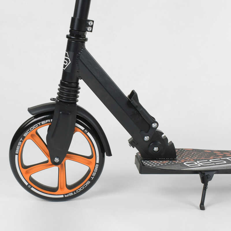 Самокат двухколесный 34750 (2) Best Scooter, ЧЕРНЫЙ, зажим руля, переднее колесо PU - 230мм, заднее колесо PU - 200мм, 1 амортизатор, в коробке