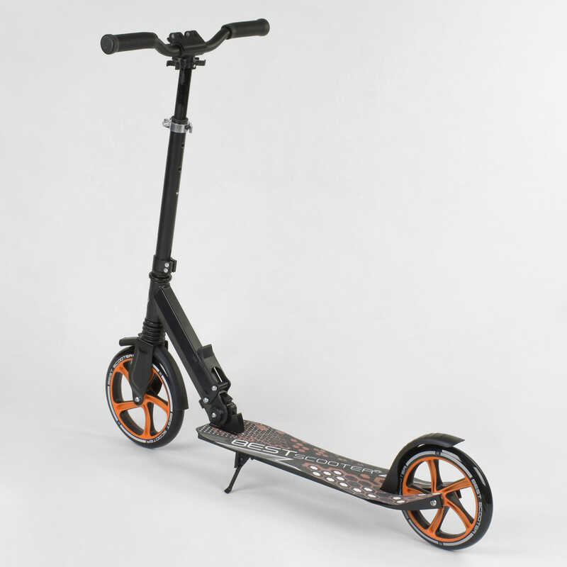 Самокат двухколесный 34750 (2) Best Scooter, ЧЕРНЫЙ, зажим руля, переднее колесо PU - 230мм, заднее колесо PU - 200мм, 1 амортизатор, в коробке