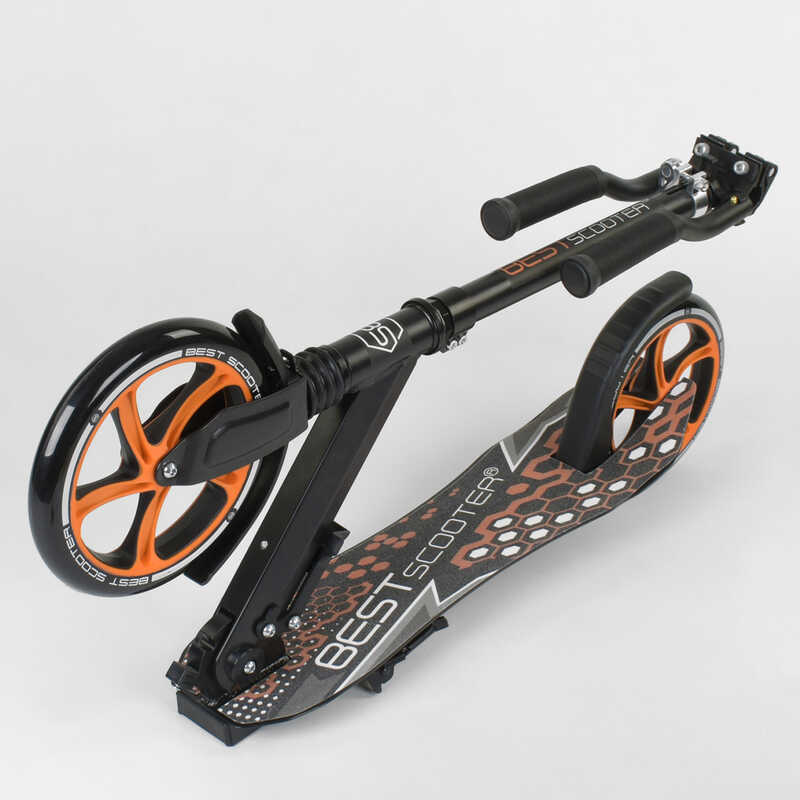 Самокат двухколесный 34750 (2) Best Scooter, ЧЕРНЫЙ, зажим руля, переднее колесо PU - 230мм, заднее колесо PU - 200мм, 1 амортизатор, в коробке
